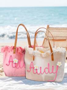 Borsa mare estiva personalizzata, con ricamo personalizzabile, borsa shopping minimalista alla moda con frange, di grande capacità, portatile, ideale per ragazze adolescenti, studenti universitari e professionisti, perfetta per lavoro, scuola e viaggi