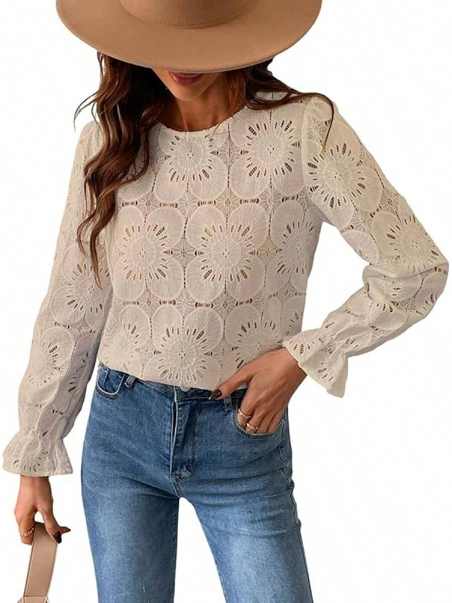 Women Eyelet Long Sleeve Tops Shirts Dressy Hollow Out Crochet Lace Embroidered Blouses 2025 Fashion