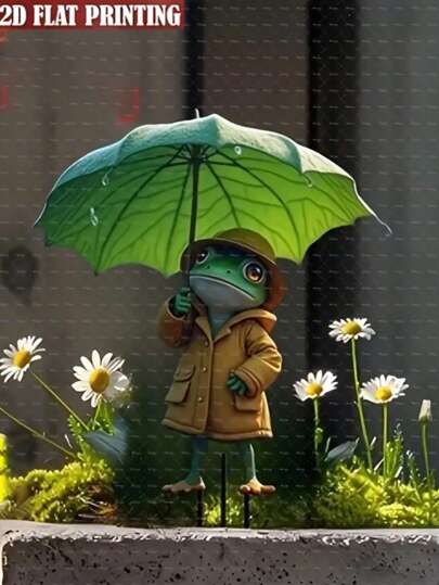 1 pieza Lindo logotipo de rana 2D de jardín - Decoración de jardín exterior duradera con tema animal, diseño de chubasquero amarillo y paraguas de hoja verde, decoración exterior multifuncional montada en el piso, adecuada para regalos de Navidad, Día del Maestro, Acción de Gracias