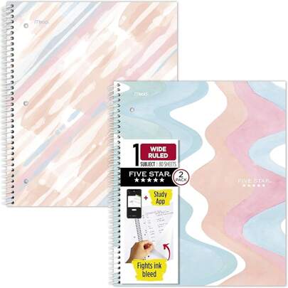 Five Notebook + Study App, Pack, Subject, Wide Ruled, X 10-, 80 Sheets, Fights Ink Bleed, Resistant Cover, Waves And Brush Strokes (930210F-ECM)