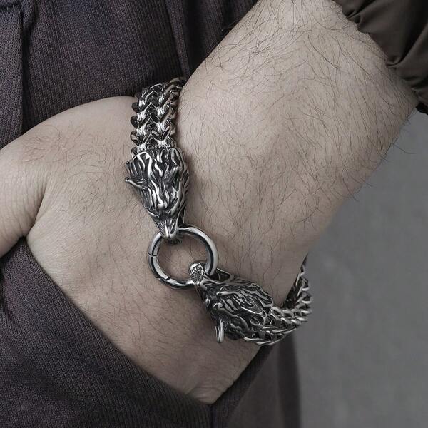 1 pulseira vintage de aço titânio com cabeça de mitologia nórdica, presente para namorado
