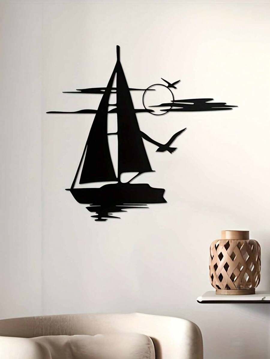 1 件大型黑色金属船和日落剪影墙饰 - 鼓舞人心的海景装饰，适合家庭、办公室、咖啡厅；圣诞节、新年、周年纪念、沿海家居装饰的理想礼物 - 黑色 - 查看 1