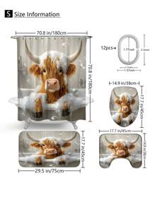 1pc/4pcs Funny Highland Cow Shower Curtain Set, Adorable Yellow Calf Bathing In Tub, Bathroom Set With 12 Hooks, Non-Slip Rugs, Toilet Lid Cover, U-Shaped Mat, Machine Washable, Complete Bathroom Accessories Decor Set Back To School