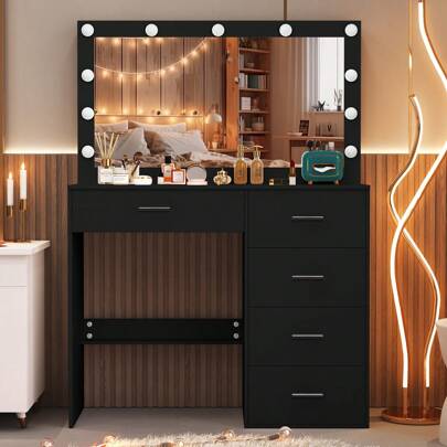 Black Dressing Table Set Makeup LED Mirror Desk Storage Cabinet And 5 Drawers