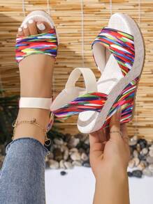 2024 New European Women Platform Wedge Sandals, Outdoor Versatile One-Strap Slides, Sexy Floral Print Beach Casual Slippers, Comfortable Open Toe Shoes, Green Floral Elevated Petite Shoes