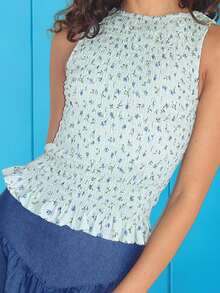 Women Sleeveless Smocked Tank Tops Summer Striped/Floral/Dot Pattern Round Neck Slim Fit Ruffled Vest Shirts - 藍色 - 查看 4