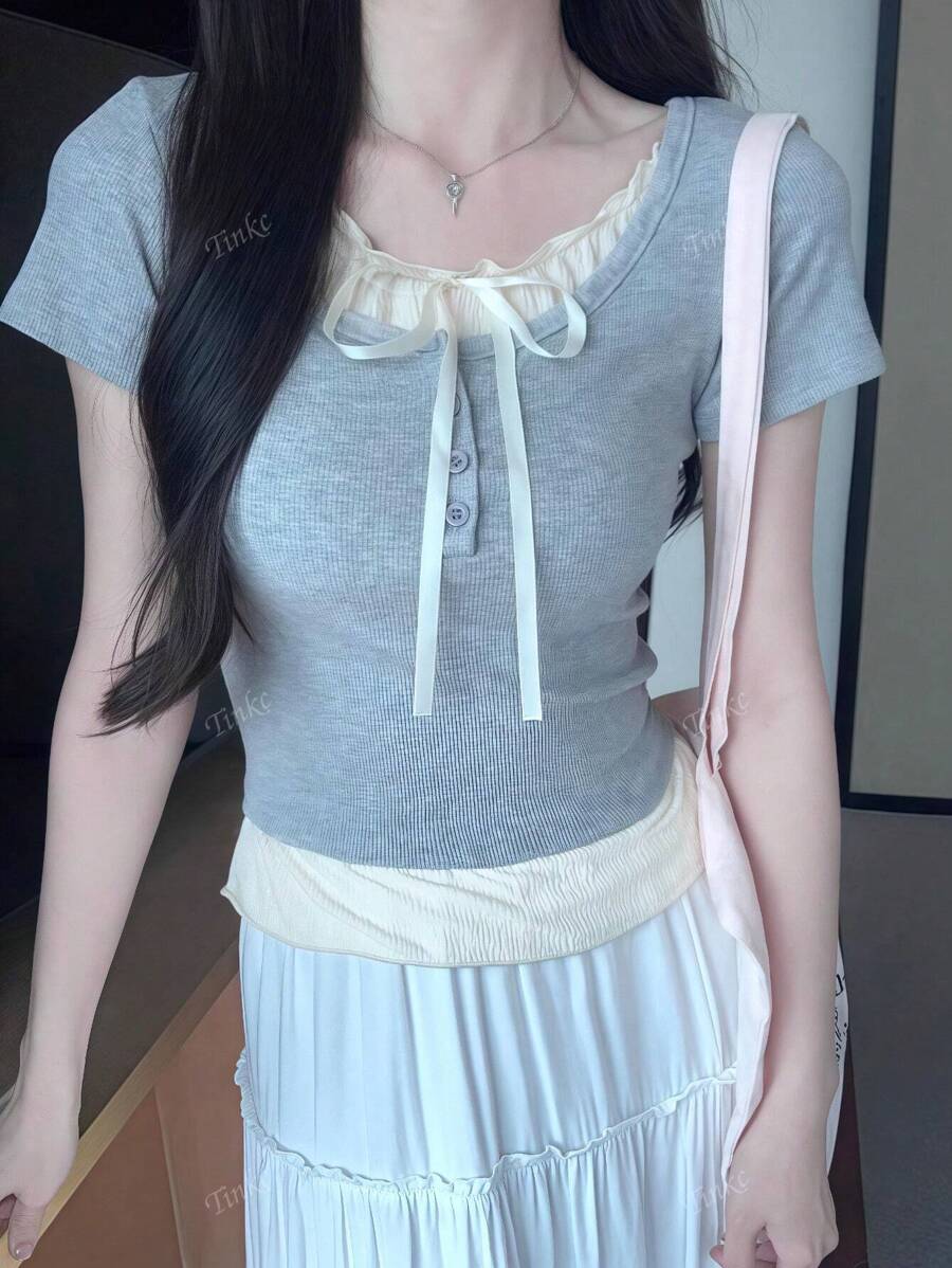 F14 STYLE Summer Tie-Up Color Block Tshirt image