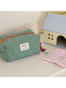 Green Classic Plaid Makeup Bag, Soft Fabric Zipper Pouch, Simple Plaid Pattern Travel & Daily Use Organizer Bag For Women Travel Essentials Vacation Summer Holiday Back To School School Stuff Bag For School Travel Bag For Women Makeup Bag For Travel