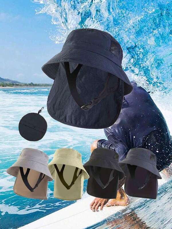 Packable Beach Surf Bucket Hat With Chin Straps Adjustable Foldable Fishing Hat Breathable Unisex Wide Brim Bucket Hat With Neck Flap For Fishing Surfing, Boating, Water Sports