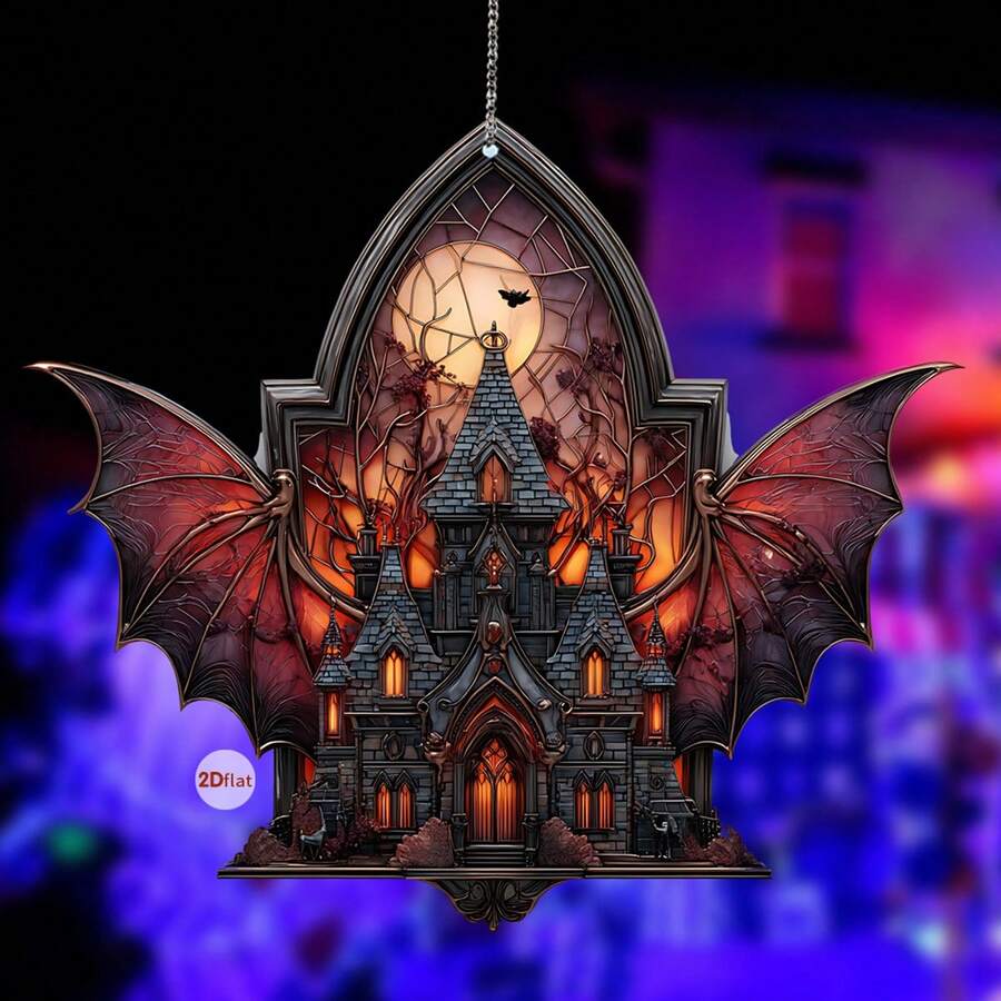 Adorno colgante de acrílico para ventana de Halloween, decoración de pared de murciélago para el hogar, cafetería, porche y árbol. - Burdeos - Ver 1