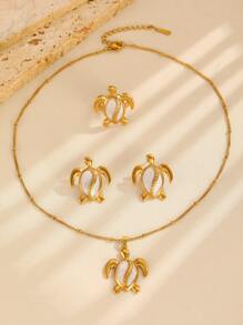 Set de 3 piezas con colgante, pendientes y anillo con estampado de tortuga marina, en estilo de playa, accesorios de moda para mujer, apropiado para la playa, vacaciones, fiesta y uso diario