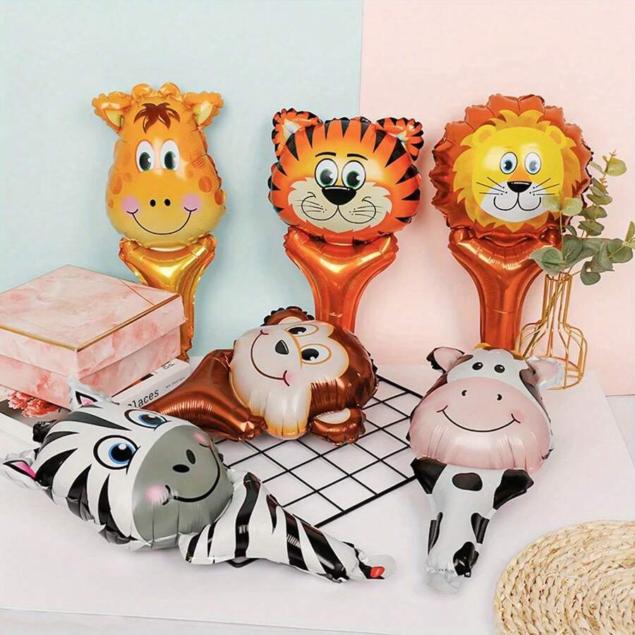 12pcs Animal Patterned Hand Held Balloons, Birthday Party Decorations, Holiday Party Decor Cartoon Animal Hand Balloons - Animals Holding Stick Balloons - View 1