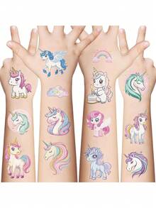 12-1 件闪光粉色独角兽临时纹身，可爱卡通闪光风格防水闪亮彩虹独角兽，生日派对用品装饰品，送给男孩女孩的完美礼物，礼品袋填充物，持续 2-5 天 - 彩色 - 查看 3