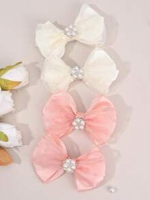 2/4pcs Set Elegant Satin Solid Color Hair Clips, Suitable For Girls; Delicate Pink & White Pearl Mesh Hair Clips, Suitable For Daily And Wedding Party Wear; Sweet Hair Accessories, Must-Have For Girls. - Multicolor - View 3