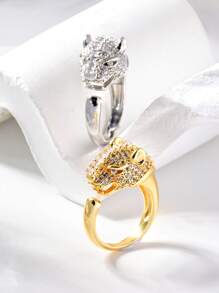 1Pc European And American Leopard Head Unique Design Open End Ring,Zirconia Decoration Cuff Accessory,Suitable For Both Men And Women,Suitable For Daily,Party,Valentine's Day Gift,Birthday Gift.