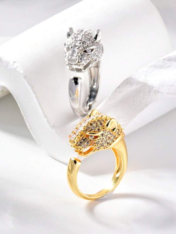 1Pc European And American Leopard Head Unique Design Open End Ring,Zirconia Decoration Cuff Accessory,Suitable For Both Men And Women,Suitable For Daily,Party,Valentine's Day Gift,Birthday Gift.