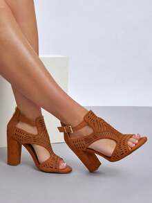 Elegant Women High Heels Sandals Peep Toe Hollow Summer Classic Comfortable Dress Shoes - 棕色 - 查看 5