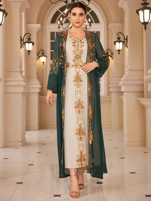Elegante abito in due pezzi da donna con maniche lunghe, decorato con perline luccicanti, abito modesto stile kaftan arabo