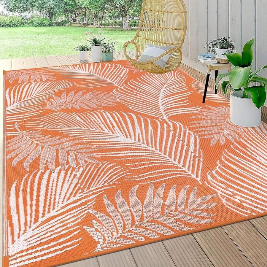 Outdoor Rug 6x9, Reversible Plastic Straw Patio Camping Rug, Indoor Outdoor RV Mat Carpet For Deck, Camper, Porch, Balcony, Backyard, Picnic, Leaf Orange-Dx - Leaf Orange - View 1