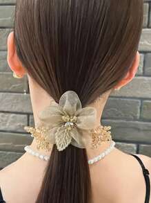 [ One Size Fits All -1PC, Random Color ]Women's Mesh Lace Flower Crystal Headband, Suitable For Daily Hair Styling, Low High Bun Hairstyle, Suitable For Party And Birthday Hair Styling, Bun Hairstyle, Flower Rubber Band Headband