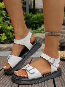 Sandalias de suela gruesa de unicolor, estilo europeo y americano para tallas grandes - Nuevas sandalias romanas de verano con tira y punta abierta