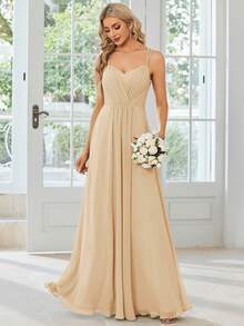 EVERPRETTY Robe de demoiselle d'honneur champagne minimaliste plissée avec croisement dans le dos, robe pour invité de mariage - Champagne - Voir 5