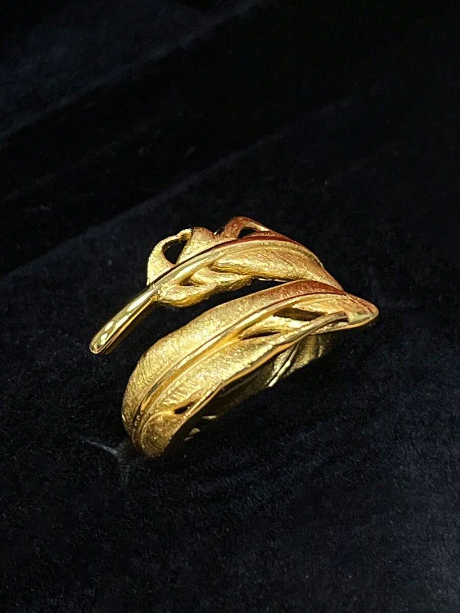 1 件法式奢华复古新中式羽毛包裹不对称个性化戒指，精致百搭，适合女性日常佩戴、节日、派对、女友礼物 - 金色 - 查看 1