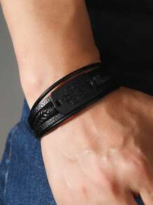 1pc Punk Style Men's Leather Bracelet, Alloy Magnetic Wolf Head Woven Leather Cord Bracelet, Jewelry Gift