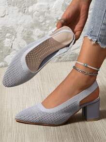 Knitted Mesh Cap Toe Back Strap Summer New Versatile Temperament Pointed Toe Low Vamp Side Hollow Thick Heel Sandals For Women