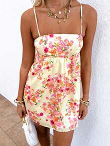 Women Slip Dress, Elegant Spaghetti Straps Backless Floral Dress Summer Mini Dress - 明黃色 - 查看 2
