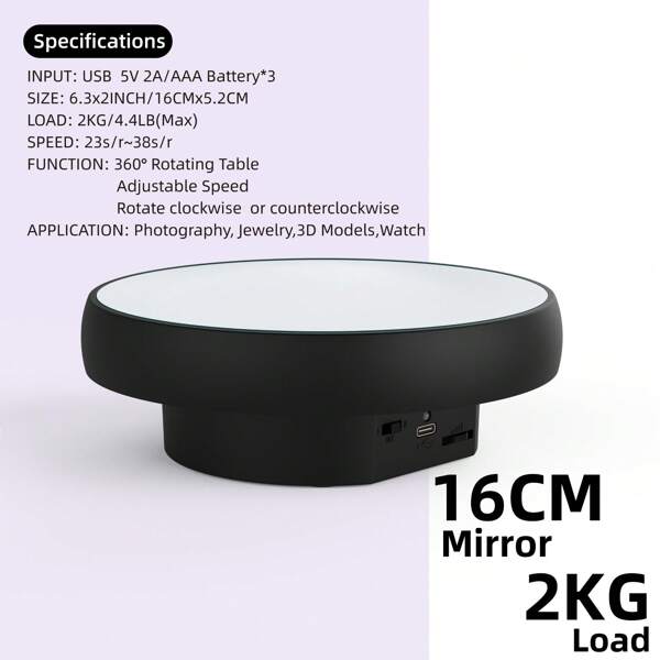 16CM Mirror Electric Turntable/Load 2KG, 360 Degree Adjustable Speed Revolving Base For Photography, Jewelry, 3D Models, Watch, USB Power Supply, Motorized Rotating Display Stand