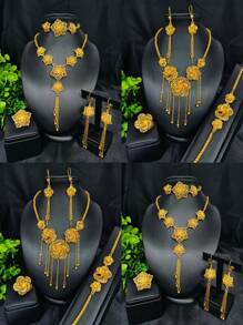Set de 4 piezas de joyería de lujo con flecos florales chapados en oro para mujeres, incluye collar, aretes, brazalete, anillo, accesorios para bodas y fiestas, regalo para fiestas
