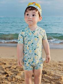 mini bala Kids' Summer One-Piece Swimsuit – Short Sleeve With Cap, UV Protection - Blue Tint - View 1