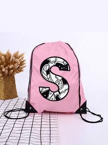 1pc A-Z Graffiti English Letter Outdoor Backpack, Kids Drawstring Closure Bag, Large Capacity Sports Bag, Cute Cartoon Letter Print Sports Backpack For Boys And Girls - Pink - View 27