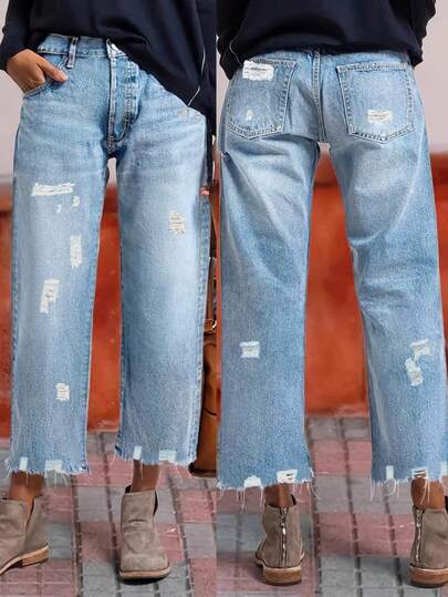 女士复古街头休闲破洞锥形七分牛仔裤，夏季百搭