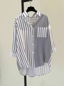 ​Women's Striped Asymmetric Lapel Long Sleeve Shirt With Contrast Buttons & Pocket - Casual All Occasion Year-Round Top​,Fall Clothes For Women - Multicolor - View 1