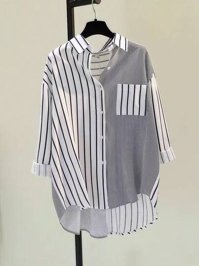 เสื้อเชิ้ตแขนยาวลายทางของผู้หญิง คอปกแบบอสมมาตร ติดกระดุมสีตัดกัน & กระเป๋า - เสื้อลำลองใส่ได้ทุกโอกาสตลอดทั้งปี, เสื้อผ้าฤดูใบไม้ร่วงสำหรับผู้หญิง