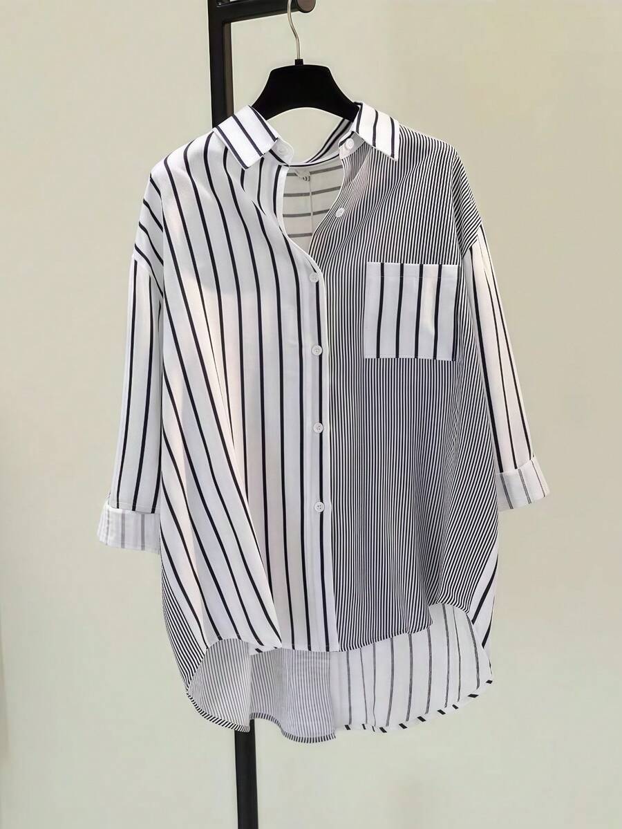 ​Women's Striped Asymmetric Lapel Long Sleeve Shirt With Contrast Buttons & Pocket - Casual All Occasion Year-Round Top​,Fall Clothes For Women - Multicolor - View 1