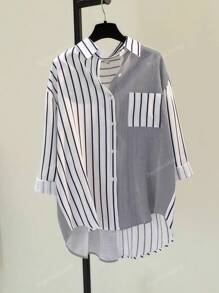 ​Women's Striped Asymmetric Lapel Long Sleeve Shirt With Contrast Buttons & Pocket - Casual All Occasion Year-Round Top​
