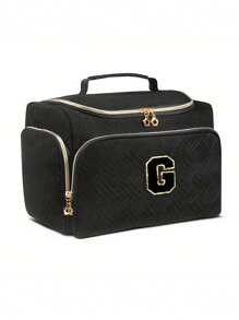 1pc Black Polyester Travel Toiletry Bag With Handle - Alphabet Pattern, Wet/Dry Separation, Machine Washable, Portable Makeup Organizer For Both Men & Women, Ideal Gift For Family & Friends, Daily Cosmetics Storage, Fashionable Makeup Case, Practical Design, Fabric, Must-Have For Frequent Travelers