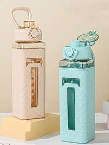 1 夏季新款800ML皮革纹理方形纯色太空杯，带直饮嘴和手持弹跳水壶。高颜值户外水壶，男女生通用-适合学生返校使用 - 彩色 - 查看 5