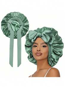 1pc Women Solid Bowknot Decor Satin Casual Hair Bonnet For Daily Life Silk Bonnet Satin Bonnet