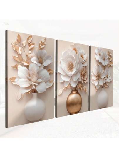 Kit Quadros decorativos 3 peças vasos de flores bege delicadas luxo gold Parede Sala Quarto Promoção