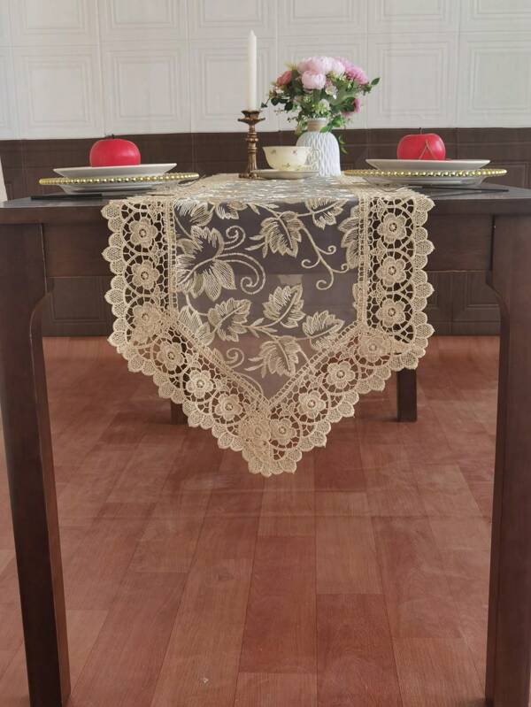 1 Pc Curry Embroidered Table Flag Polyester Rectangular Table Flag Exquisite Lace Embroidery Lace Vintage European Style Suitable For Vintage Style Shoe Cabinet Sideboard Door Cabinet Cover Towel Dining Room Table Strip Table Flag Suitable For Wedding Decoration Party Holiday Potluck Household Decorations Desktop Decoration Cover Towel Coasters