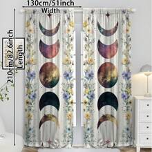 2pcs Blackout Curtains - Celestial Floral Design With Colorful Nebula Moon Phase And Stars, Machine Washable Polyester Curtains For Living Room, Bedroom, Bathroom - Modern Watercolor Cosmic Pattern, All Season