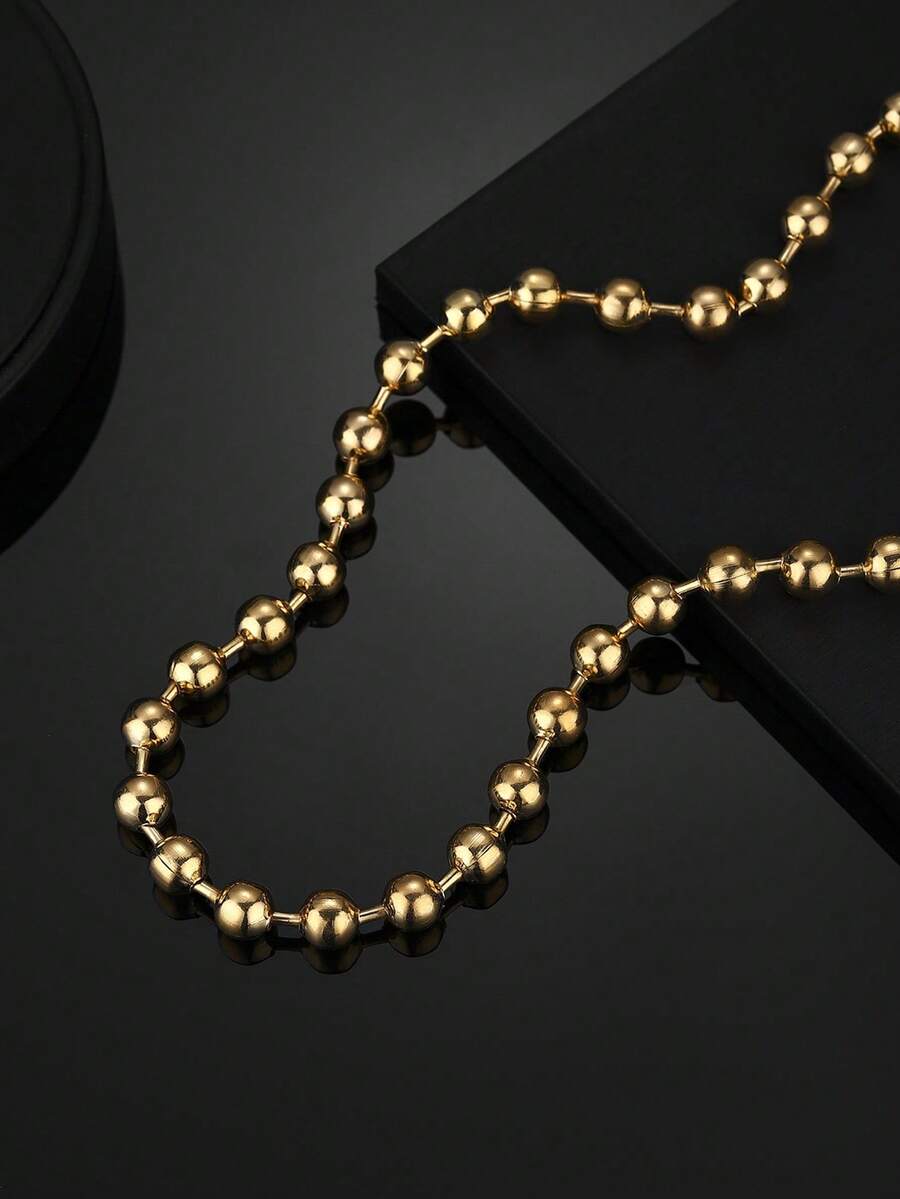 1pc Women Stainless Steel Beaded Chain Necklace, Versatile - Gold - View 1