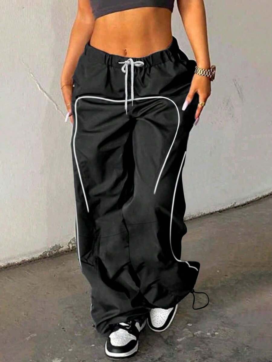 LovelyWholesale Pantaloni larghi da donna di moda, semplici e versatili, con vita elastica e coulisse, a righe in patchwork, gamba dritta, orlo regolabile, adatti per l'autunno e l'inverno