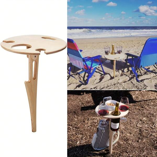 Mesa plegable de vino para exteriores para maceta: soporte de vino para playa y jardín, mesa de viaje y camping para exteriores, diseño de cruz de madera, adecuada para muebles de patio