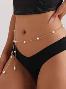 1pc Elegant Summer Beach Drop Pearl Pendant Waist Chain, Women Body Jewelry Accessories (Number Of Pearls May Vary Due To Cutting)
