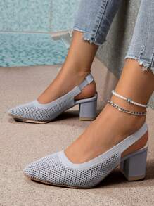 Knitted Mesh Cap Toe Back Strap Summer New Versatile Temperament Pointed Toe Low Vamp Side Hollow Thick Heel Sandals For Women